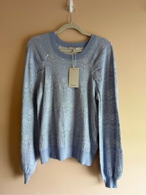 Joie Pale Blue Textured Knit Crewneck Sweater- Floral Lace Bell Sleeves